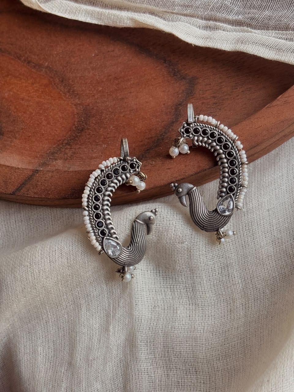 Peacock black stone earcuff